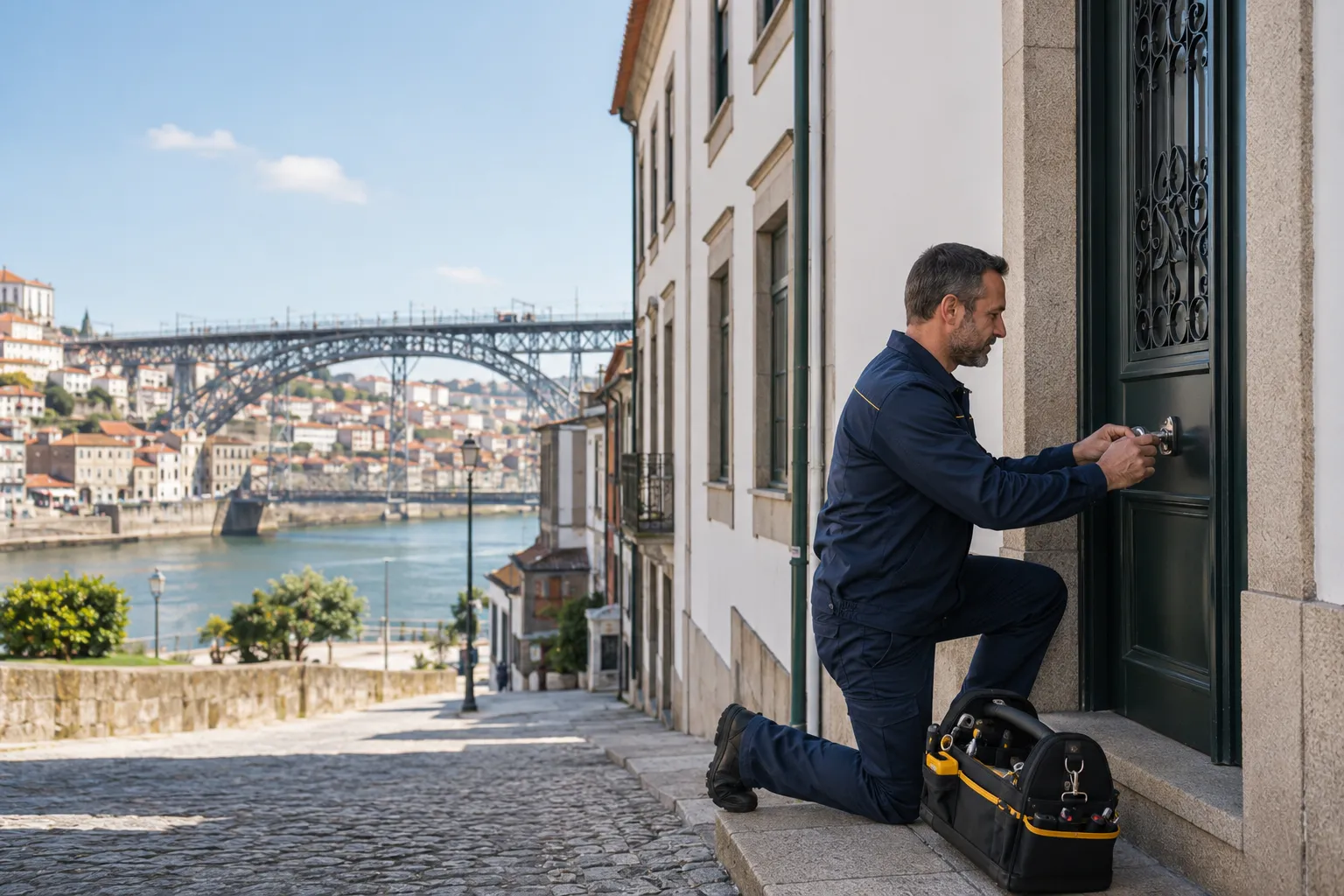 Vista do rio Douro e da Ponte Luís I em Vila Nova de Gaia ao final do dia